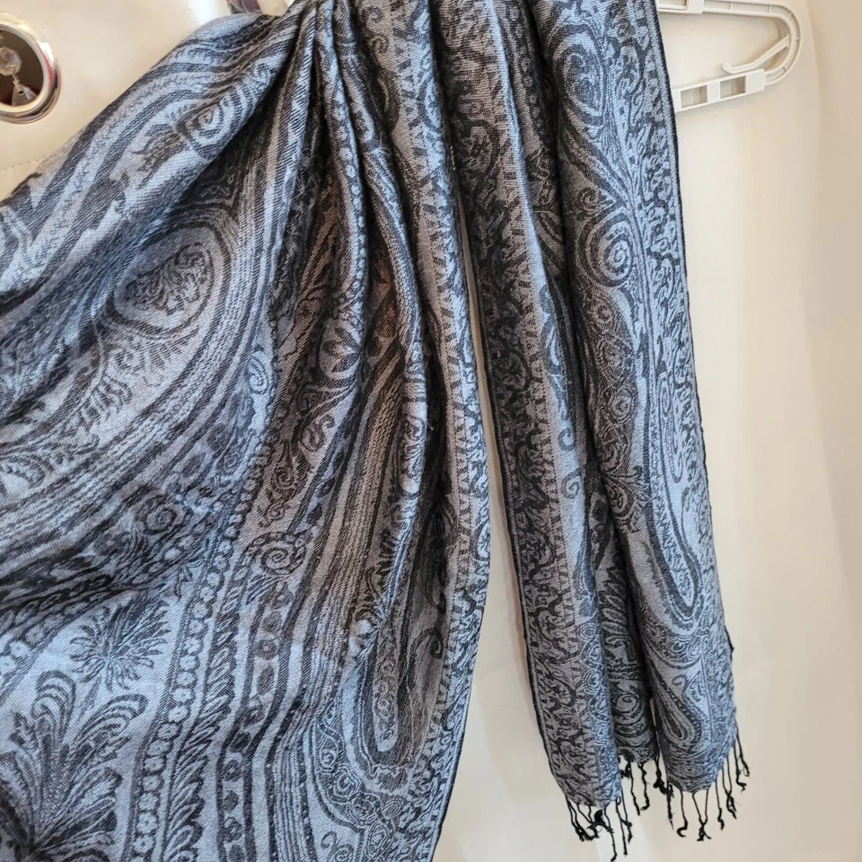 Pashmina Cachemira Seda Gris Paisley Bufanda Chal Flecos Borlas Dinero Antiguo 17470x Foto 2 de 4
