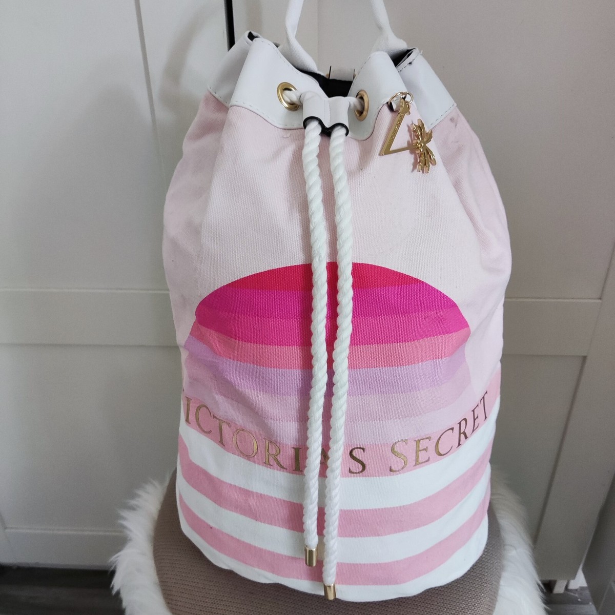 VICTORIA SECRET STRIPED CINCH BACKPACK Victoria Secret Pink Striped Cinch Drawstring Tote Backpack  main image 2