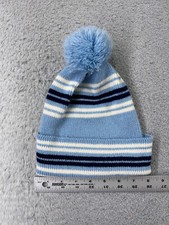 Beanie Toque Youth One Size Blue White Stripe Knit Acrylic Blend Outdoor Ski Pom