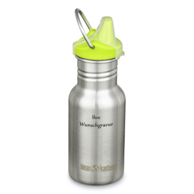 Klean Kanteen Kid mit Sippy Cap - Brushed Stainless, 355 ml, mit Namensgravur 
