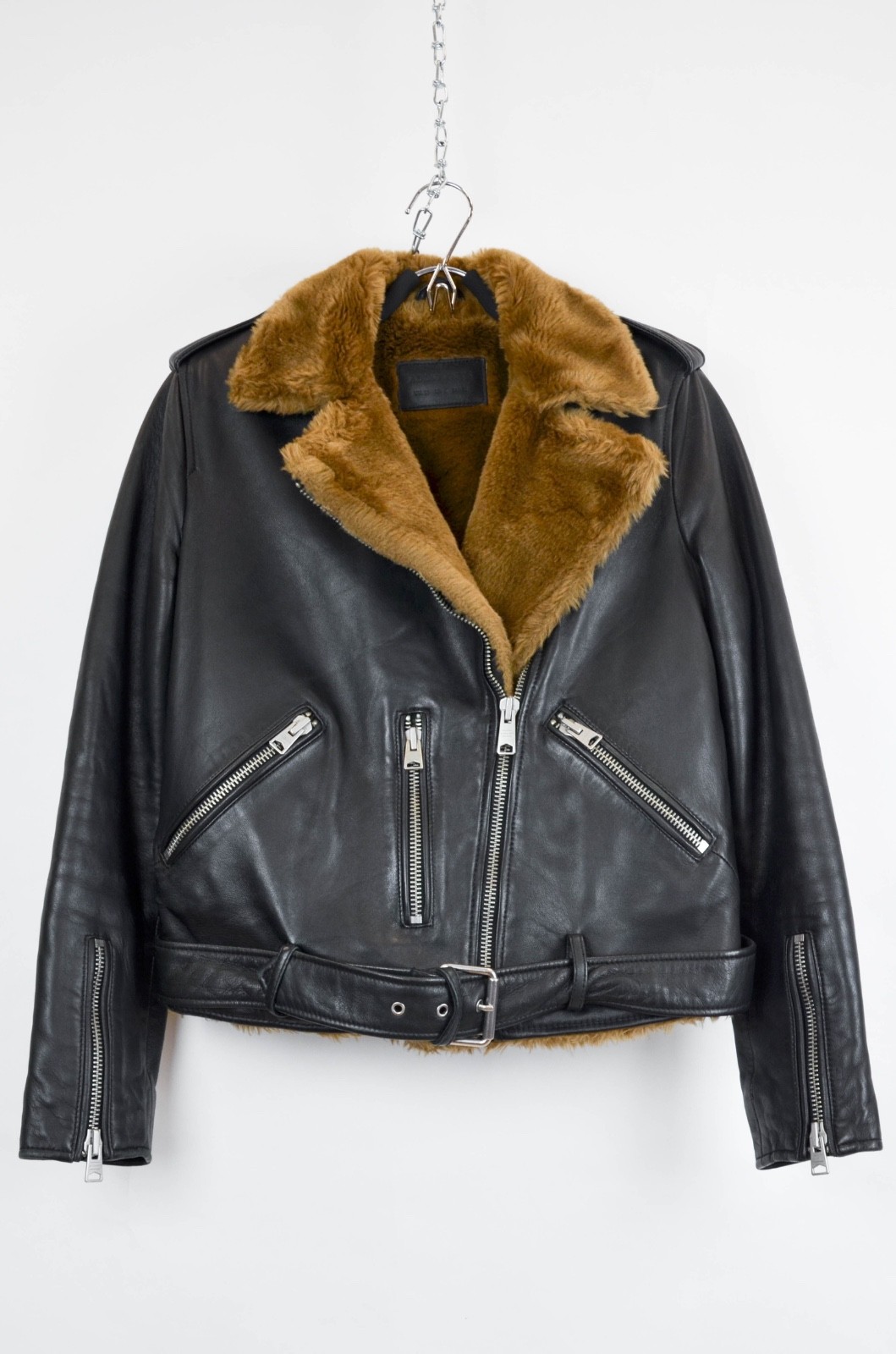ALLSAINTS Black Brown Shearling Leather Aviator Jacket EU 38 US 6