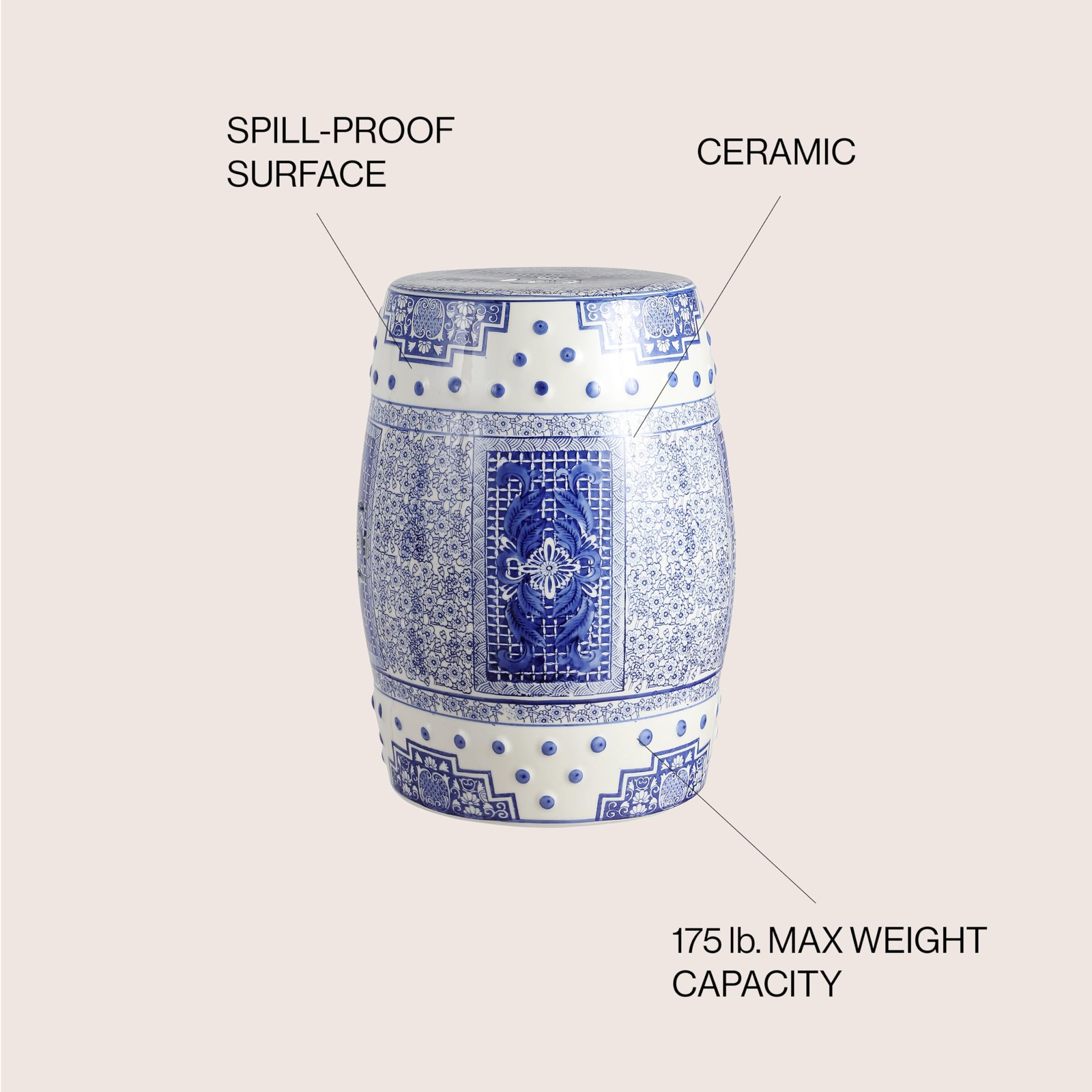 TBL1003A Acanthus 17.8" Chinoiserie Ceramic Drum Indoor/Outdoor Garden Stool,...