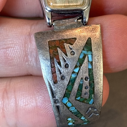 William Signer Navajo intarsiato turchese corallo chip orologio punte vintage sterling 11 - Foto 6 di 19