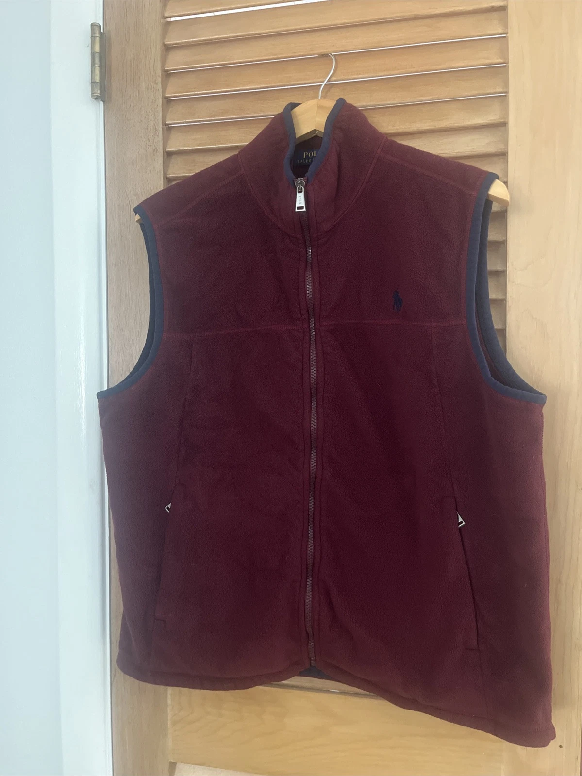 Polo Ralph Lauren Vest Fleece Soft Shell Full-Zip Burgundy Red W/Navy Trim Large
