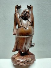 Vtg. Hand-carved Rosewood "Happy Budda" Figurine- 6" High - Made In Hongkong