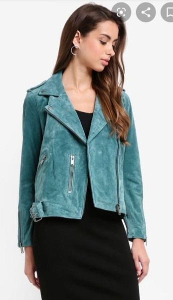 Women Selected Femme Biker Jacket Teal Suede 36