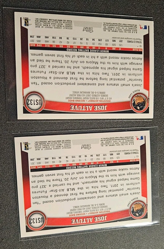 2011 Topps Update Series Jose Altuve #US132 ..2 Card Lot. - Image 2 of 2
