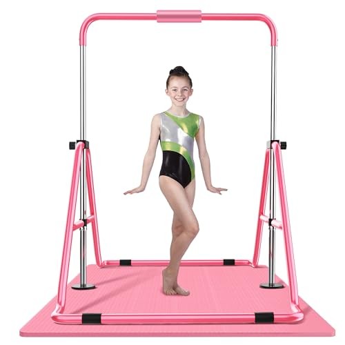  Gymnastics Bar with Mat, Foldable Gymnastics Horizontal Bar Height Pink-Mat
