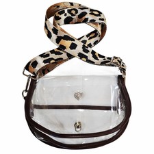 Curved Clear Stadium Bag in Black with Snap Charm & Leopard Crossbody Strap