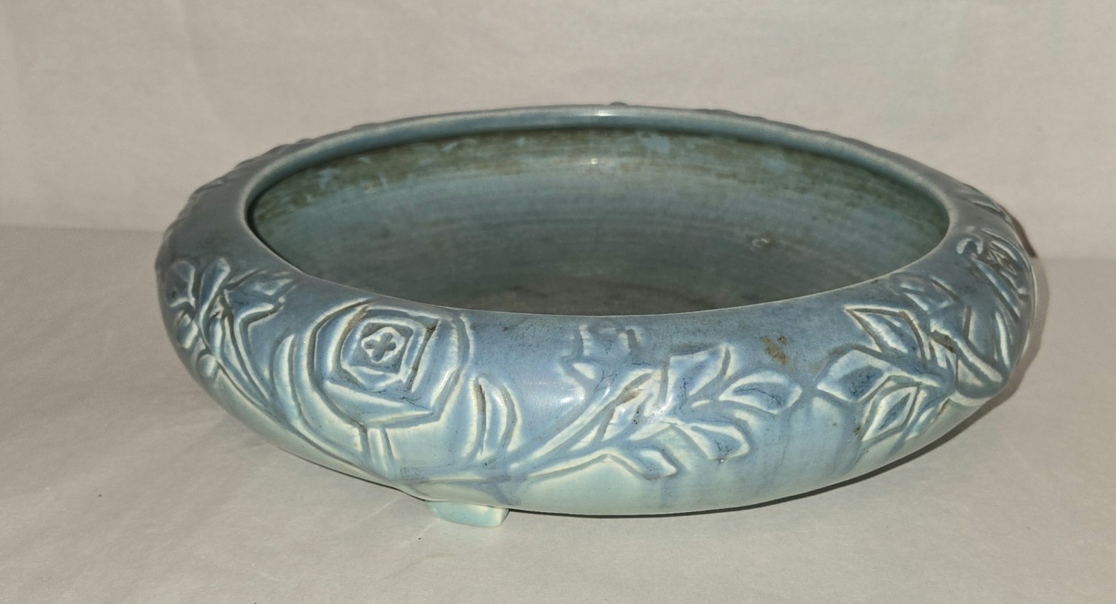 Rookwood Pottery Console Footed Bulb Bowl Jade Green 1921 #2171 Roses Flower EUC