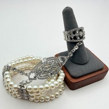 Vintage 50s Style Triple Row Faux Pearl Rhinestone Statement Bracelet Jewelry