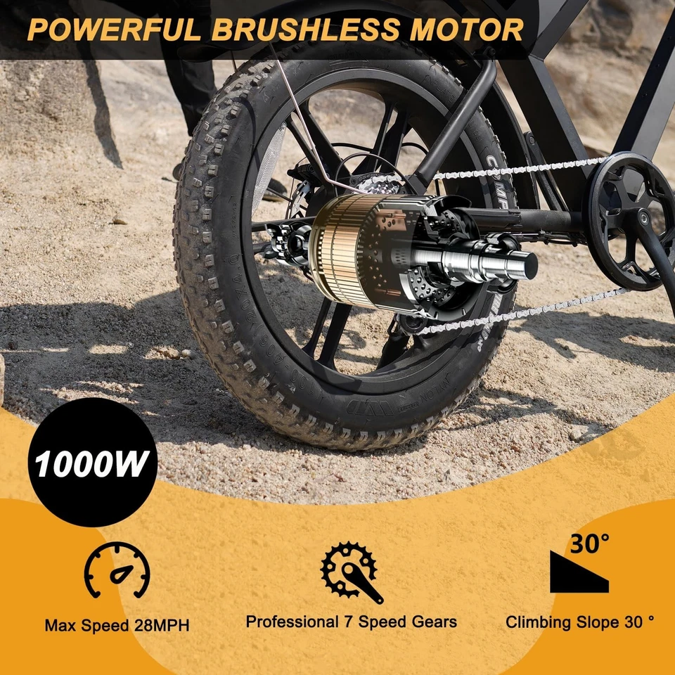 Movcan V30 Electric Bike 1000W 28mph 48V 15.6Ah 20" Fat Tire Ebike for Adults - Image 2 of 4