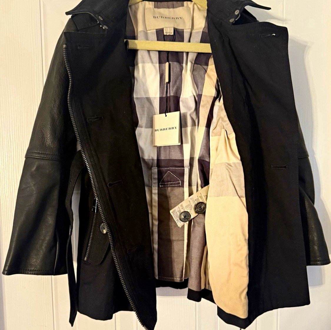 Burberry Children Girls Black Trench Coat Leather Sleeves Check Lined Belted 4Y