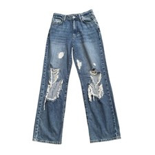 Forever 21 Jeans Womens 26 Blue High Rise Wide Leg Distressed Ripped 30" Inseam