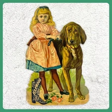 1900s Harwood Boots Shoes Antique Advertising Sign 12" DieCut Girl Dog Victorian