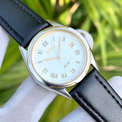 Vintage Seiko SQ 50 Roman Numeral Guilloche Dial Japan Quartz