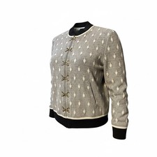 St John Santana Knit Jacket Beige Black Toggle Front Textured Bomber Women's 6