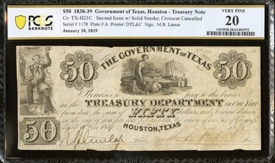 Republic of Texas 1838-1839 HOUSTON TX Government $50 Banknote Currency, PCGS 20