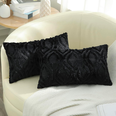 Cozy Textured Throw Pillow Covers 12x20 Inch Set of 2, Soft Plush Faux Wool Blac