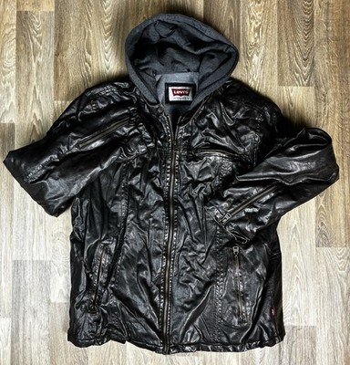 Levis Leather Jacket Mens Size XL Black Solid Hooded Full Zip Collared Polyester