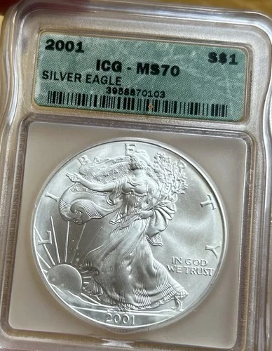 2001 Silver Eagle ICG MS70 $1 Green Label Silver Coin