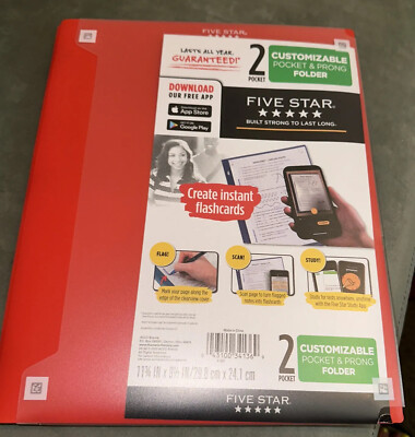 Five Star Customizable Pocket & Prong Red Folder.  Create Instant Flashcard  New