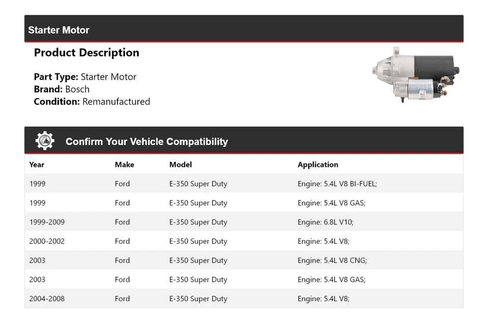 Arranque Bosch para Ford E-350 Super Duty 1999-2009 (remanufacturado) 2000 2001 Foto 2 de 4