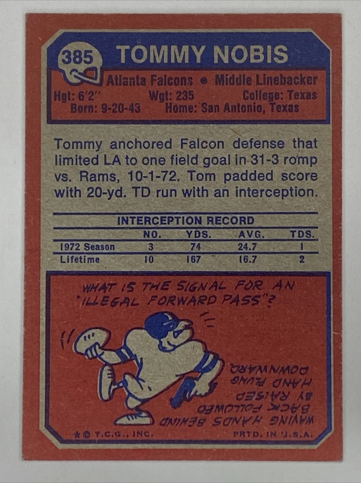 Tommy Nobis Signed 1973 Topps Falcons Autograph  - Image 2 of 2