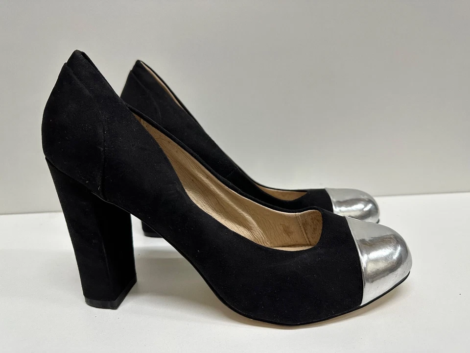 Chelsea Crew style Cappy metallic silver cap toe black suede pumps size 9 - Image 2 of 4