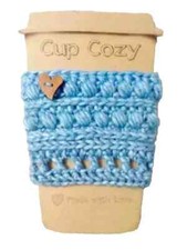 crochet handmade coffee cup cozy drink sleeve heart button blueberry blue