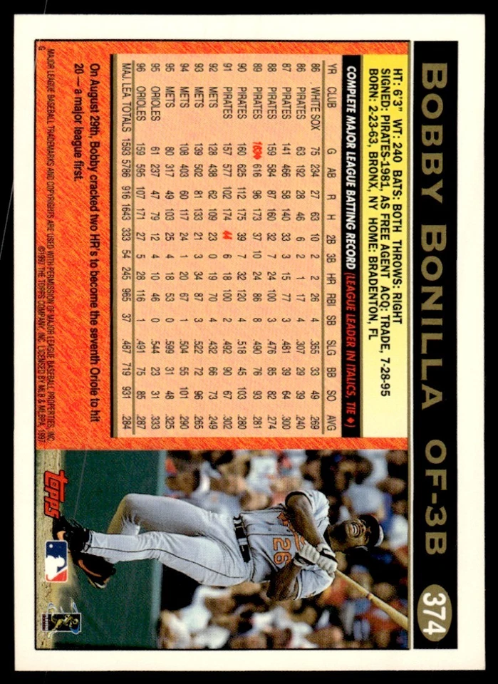 1997 Topps Baseball Card Bobby Bonilla p Baltimore Orioles #374 - Image 2 of 2