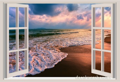 Autocollant Mural Repositionnable - Vue Fenêtre Sur Plage Et Palmiers - 3 Pieds (91 Cm)