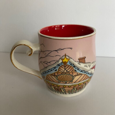 Grace Ceramic Winter Wonderland Chalet Mug with Gold Trim and Red Interior