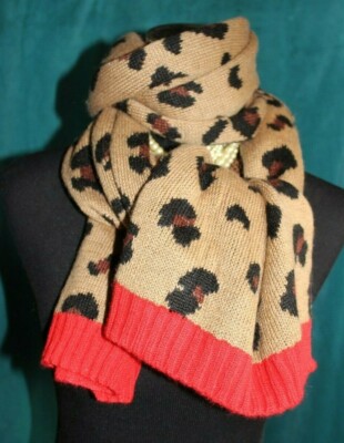 JUICY COUTURE Animal Print Scarf Red Ribbed Ends Acrylic Knit Cozy Nice Size 