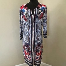 Floral Dress Size 8 Split Neck Long Sleeve Shift Dress Red Colorful Beige by ECI