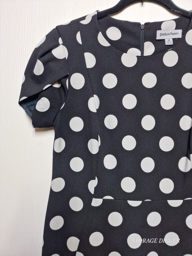 Shelby & Palmer Sheath Dress Womens 12 Black White Polka Dot Short Puffed Sleeve - Picture 2 of 13