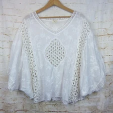 World Market Top Womens One Size White Lace Floral Embroidered V Neck Rayon Boho