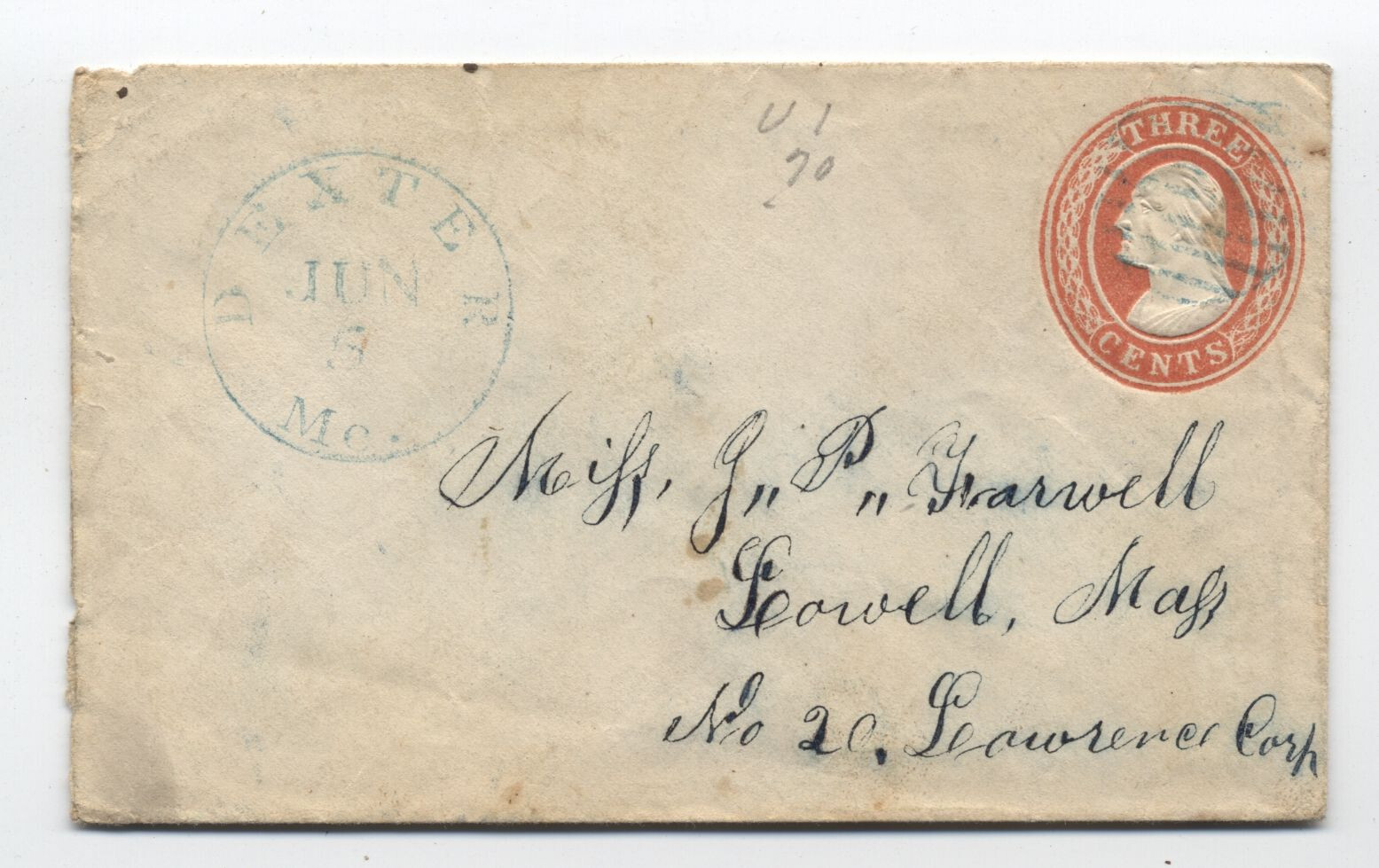 1850s U1 nesbitt envelope Dexter ME to Lowell MA [h.5270] Falak