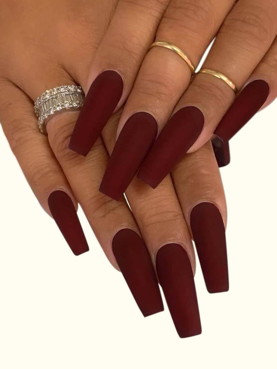 24pcs Long Coffin Burgundy Solid Matte Fake Nail False Nails Press