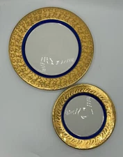 O.P. Co. Syracuse China 10” Dinner Plate & 7 1/2” Salad Saucer 18K Gold + Blue