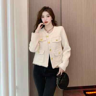 Damen Mantel Kurzjacke Blazer Kokos Weiß Gold Tweed Knöpfe Slim 81626