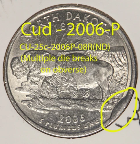 Mint Error quarter - Large Cud with multiple die breaks 2006-P North Dakota