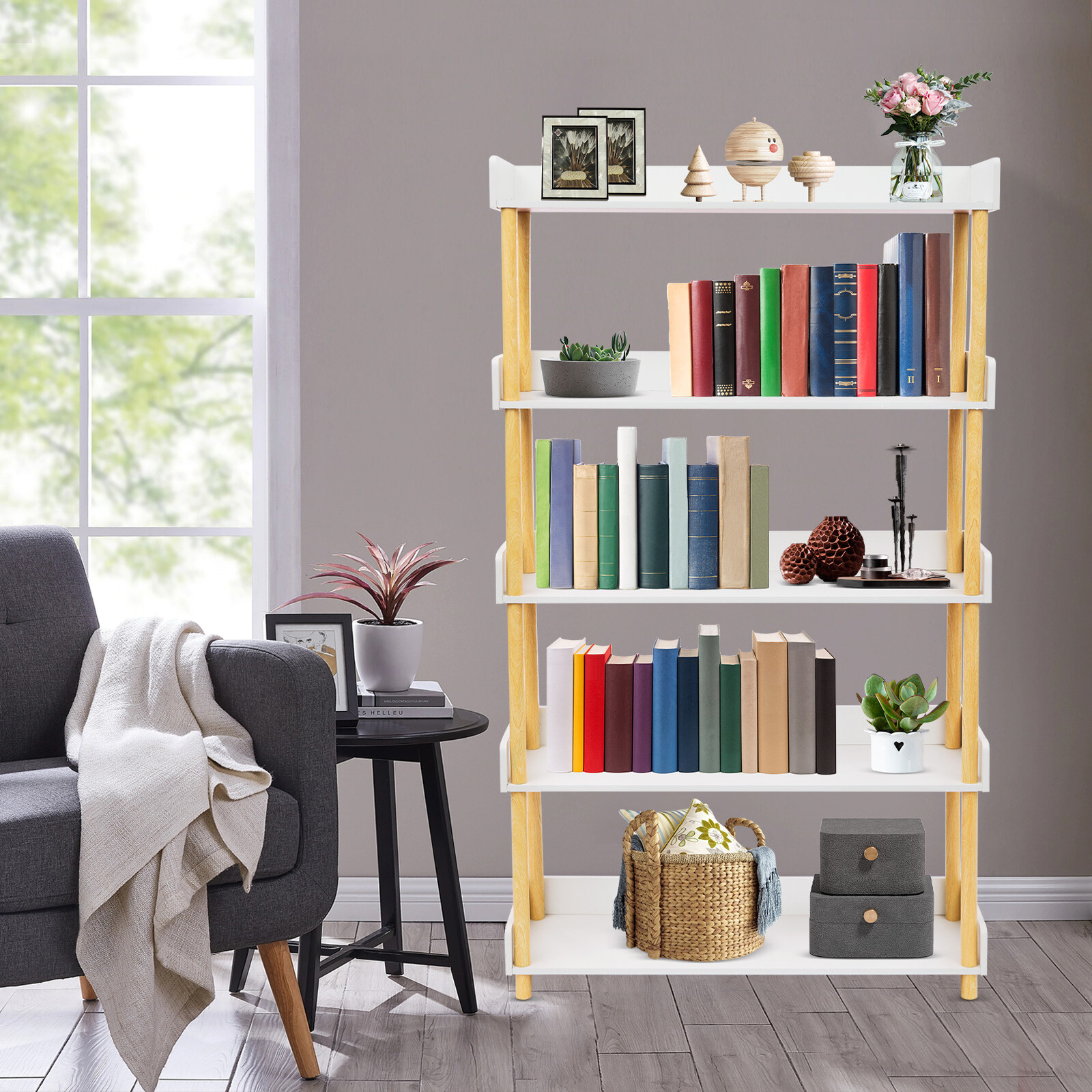 5 Tier Wooden Open Bookcase Modern Display Bookshelf Tall Book Shelf New Modern