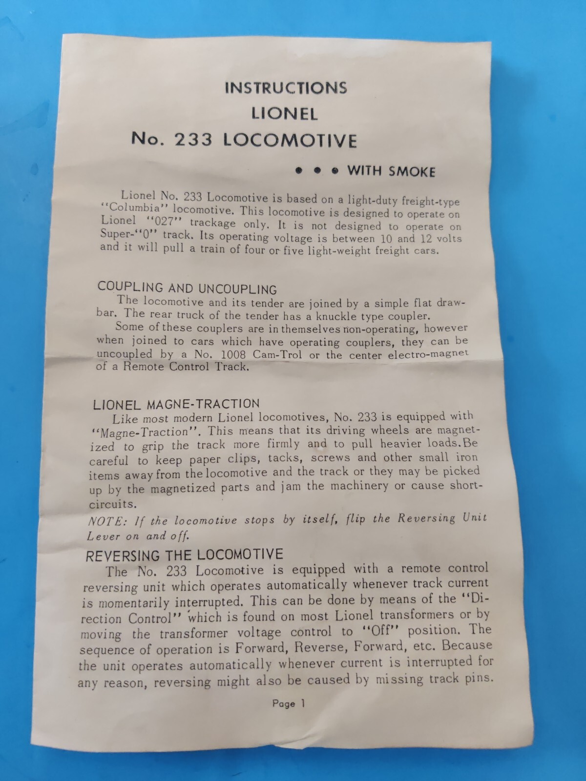 LIONEL 233 Steam Loco Instructions Dates 8/64