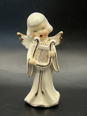 Vintage ANGEL Figurines Playing Lyre Gilded White Open Mouth Jspan