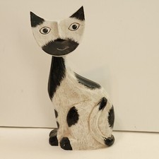 Wooden Cat Sculpure, Figure White With Black Spots Lightweight, 9.5" Tall