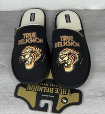 True Religion Mens Tiger Logo Slippers Black Faux Fur House Shoes Size 13