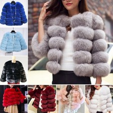 UK Women's Faux Fur Crew Neck Shaggy Jacket Winter Cropped Top Coat Warm Outwear