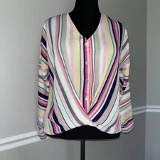 Peck & Peck Top Women’s Size Small Striped Knit Faux Wrap Button Up Blouse