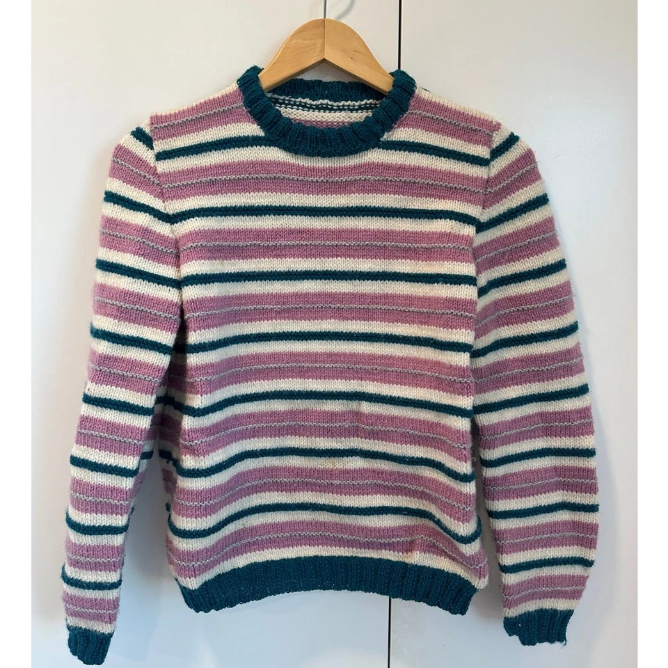 Suéter vintage tejido a mano para mujer talla XS lana a rayas púrpura verde acogedor Foto 2 de 4